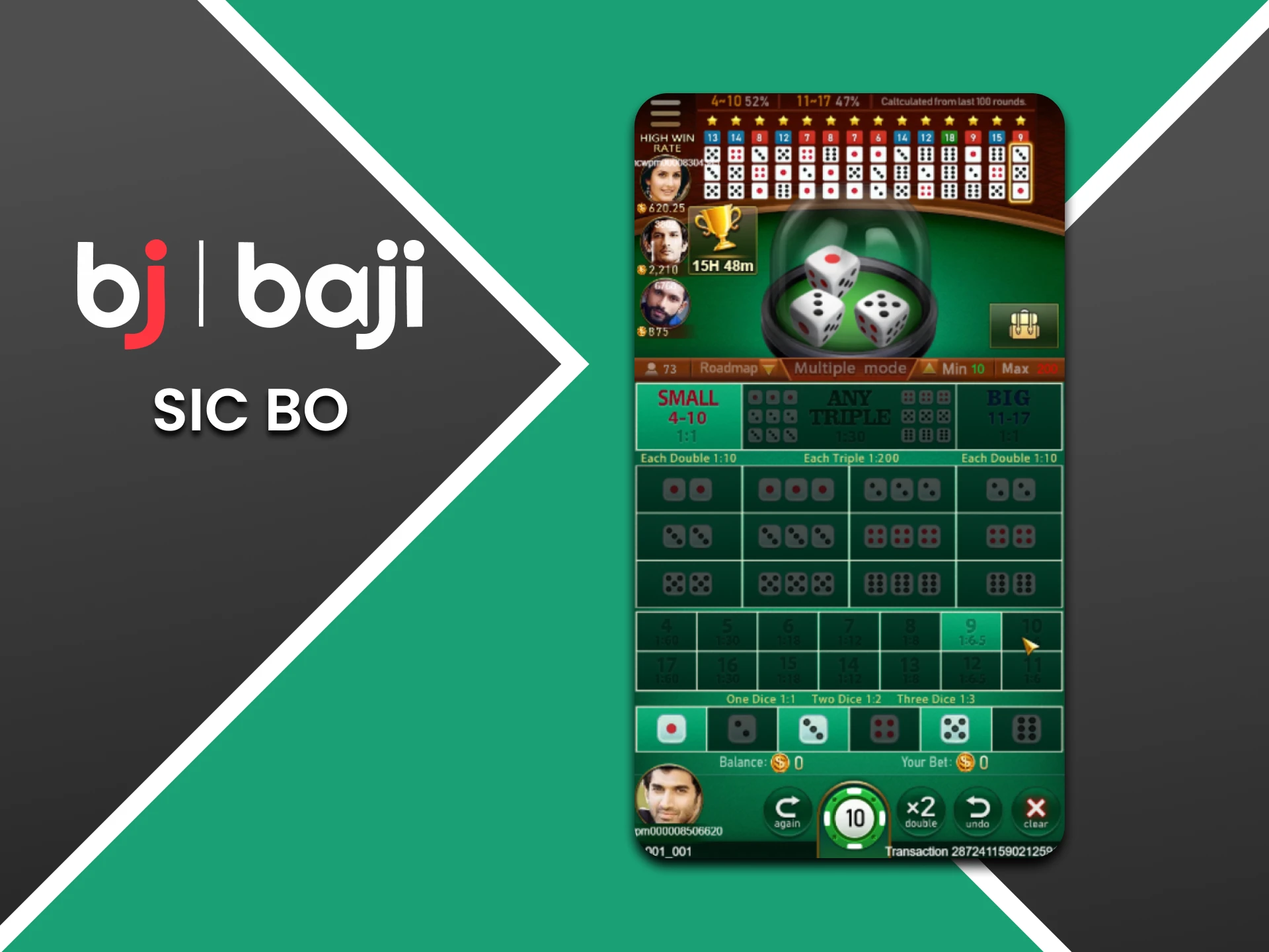 Choose Sic Bo in the table games section from Baji.