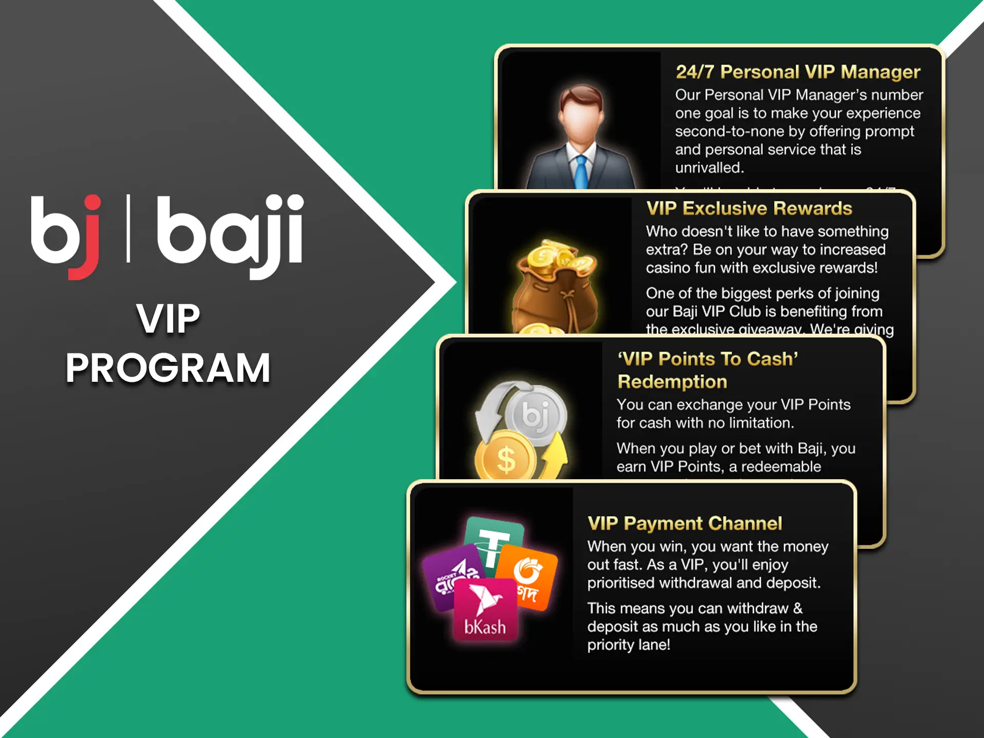 Join the Baji VIP programme and receive exclusive features and bonuses.