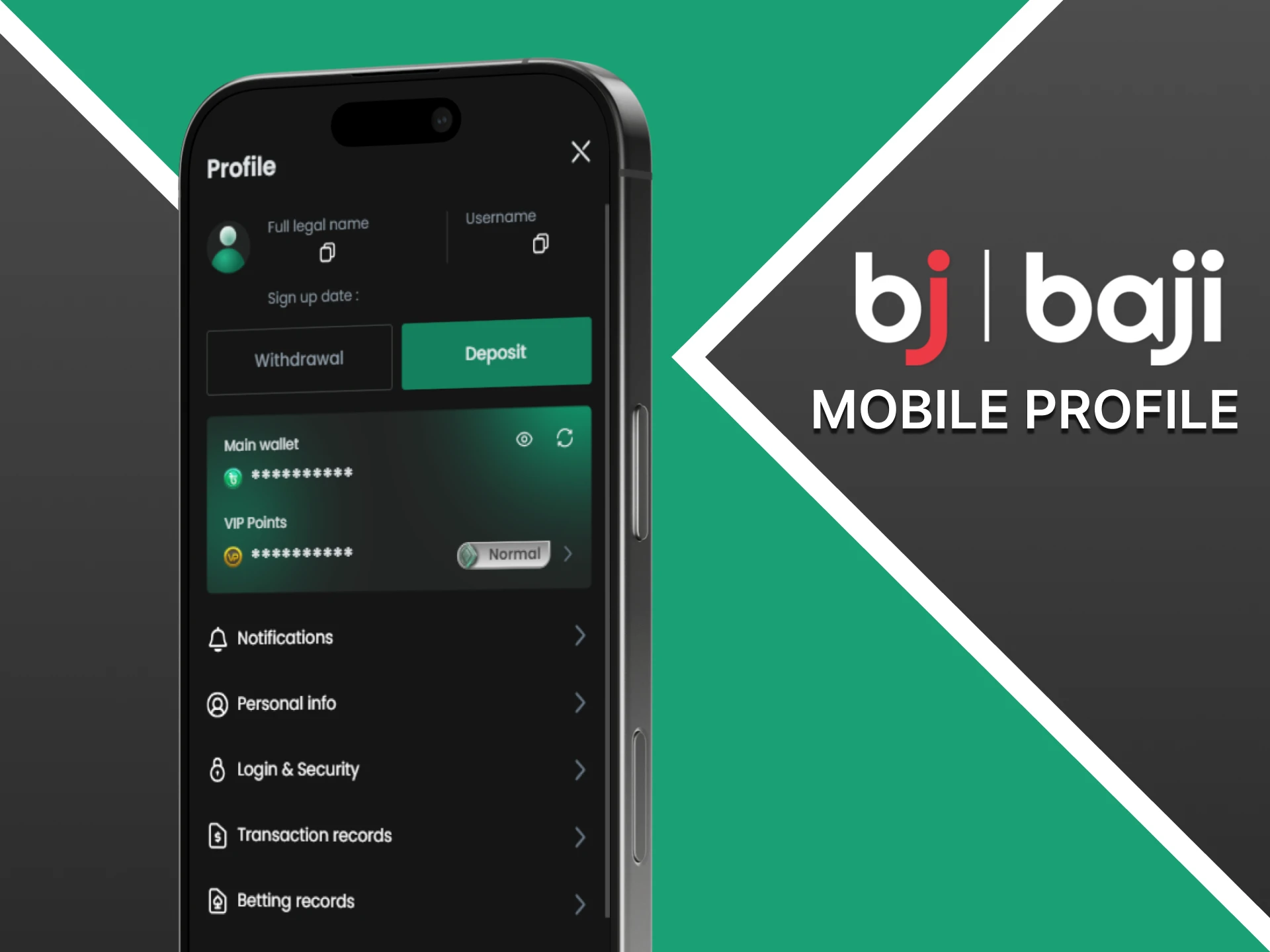 Access all the features and settings of your Baji mobile profile.