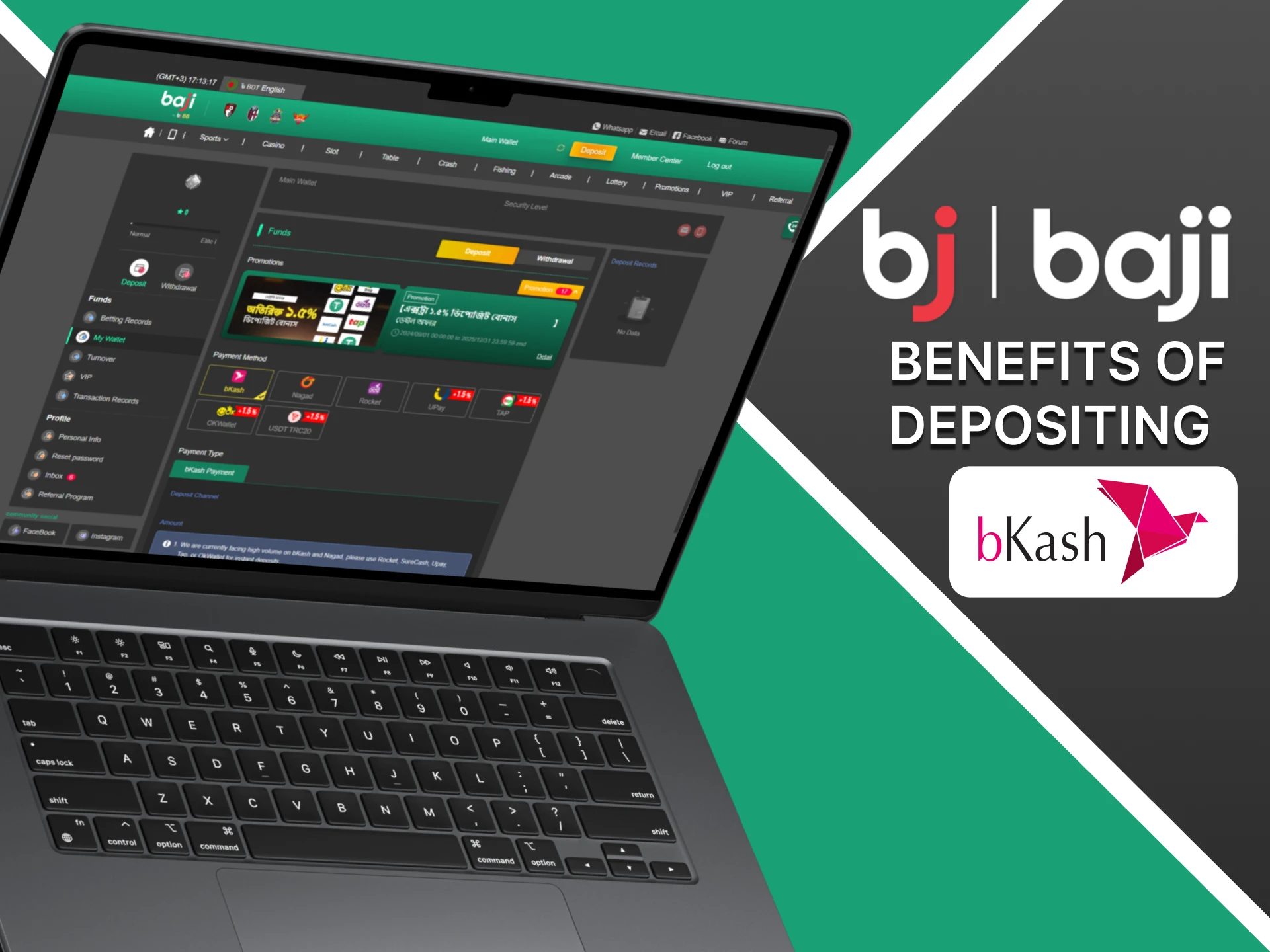 See the benefits of depositing via bKash to your Baji account.