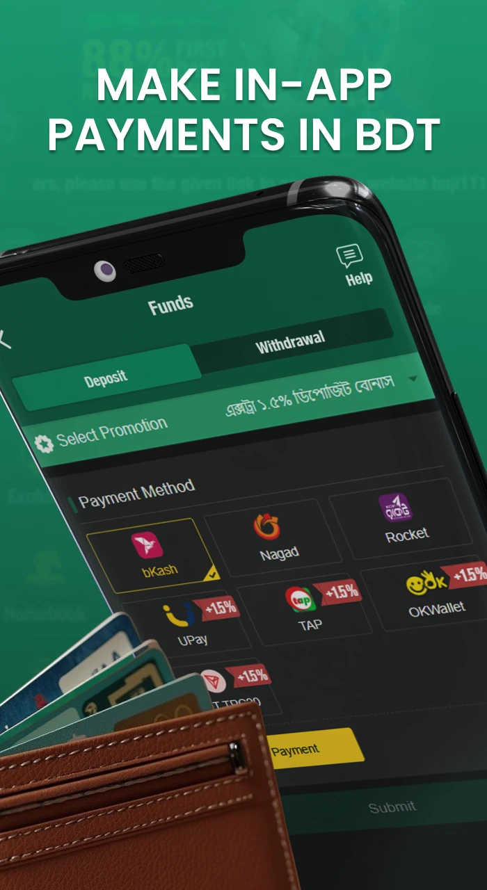 Make transactions in the Baji official app using BDT as the main currency, as well as local payment systems such as Nagad, bKash, Rocket, and others.