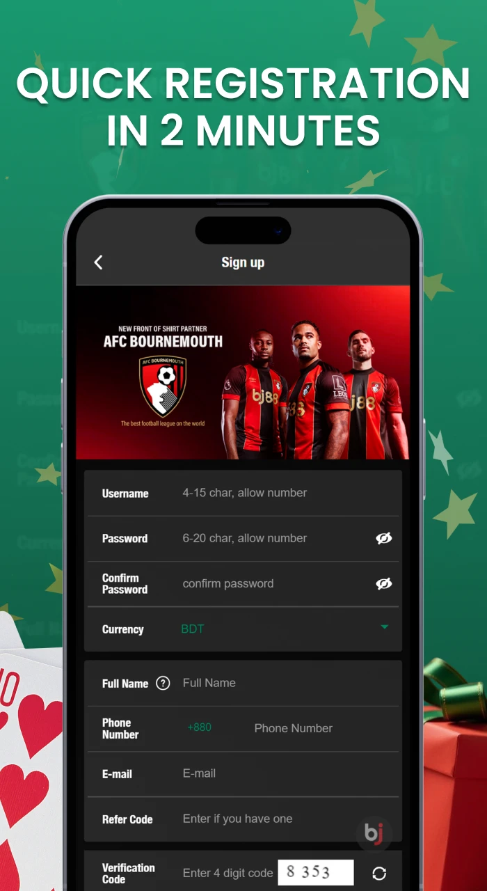Go through the quick registration process via the bj baji app and create a new account in a few minutes.