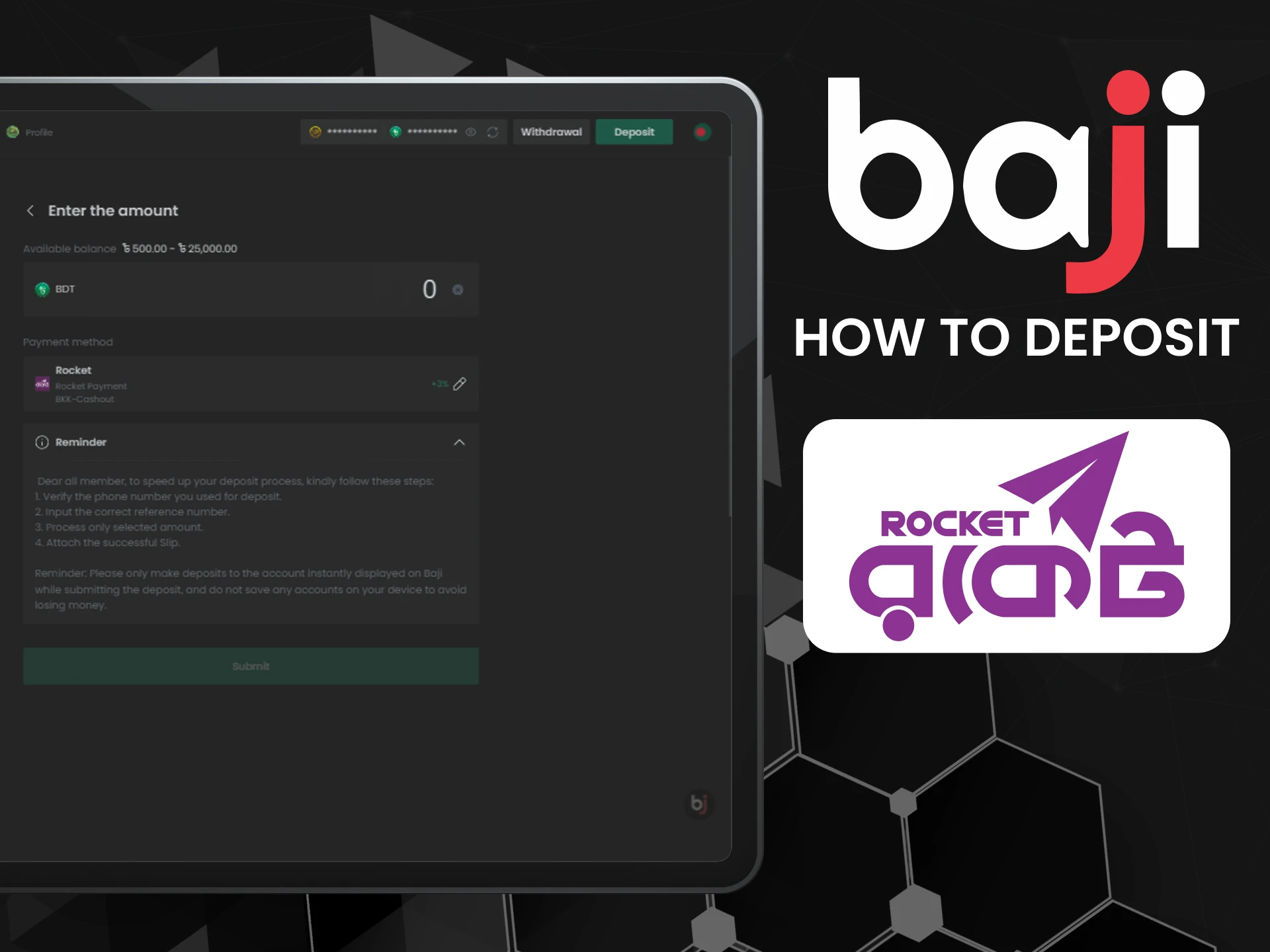 Learn how to top up your Baji account with Rocket using simple steps.