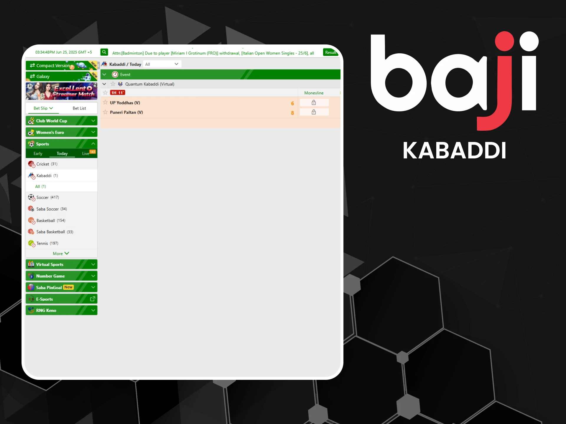 Place bets on kabaddi on the Baji platform.
