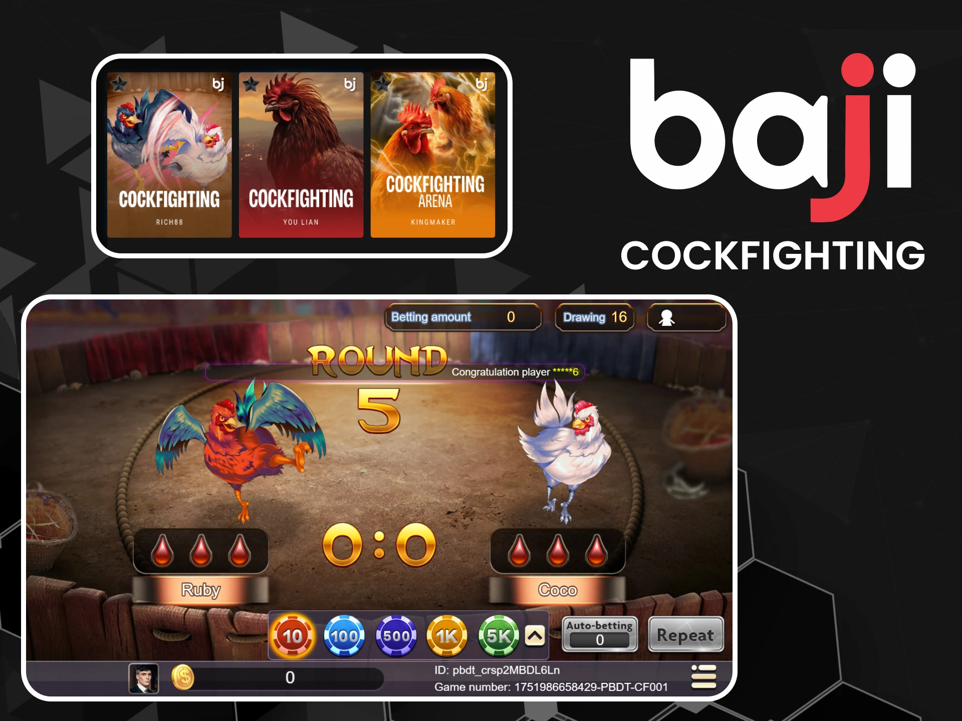 You can find cockfighting in the arcade section on Baji.