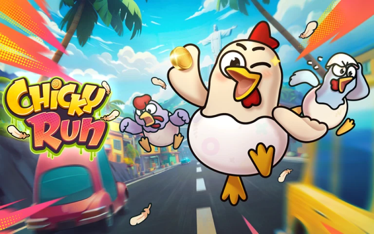 Runner-style arcade game with a chicken avoiding traps and collecting coins.