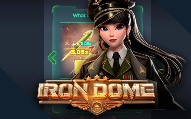 Iron Dome arcade-style crash game with rocket defense theme.