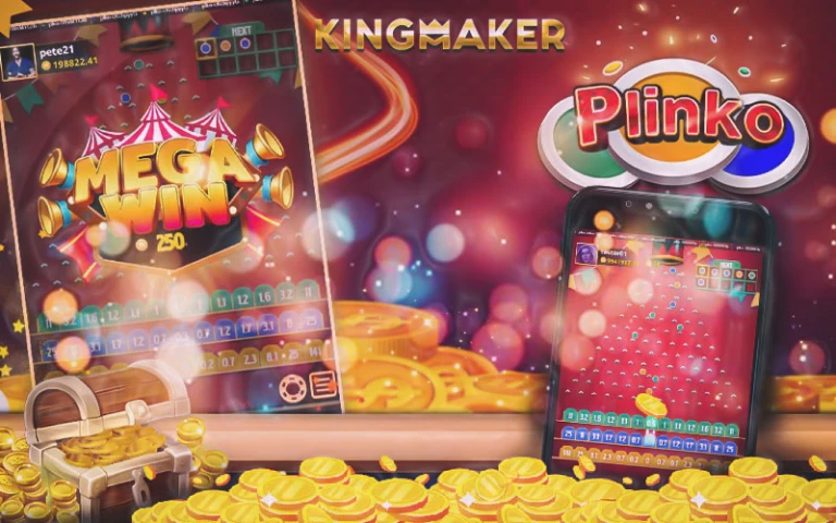 Plinko style arcade game with falling balls and multiplier slots.