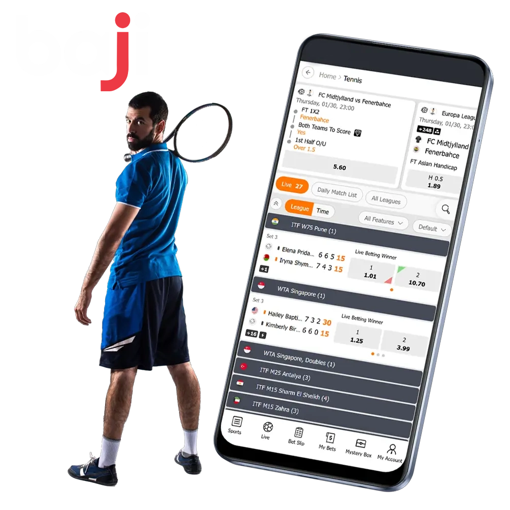 Place bets on all popular tennis events on Baji.
